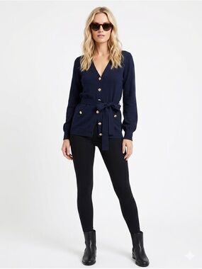 Draper James Navy Belted V-Neck Cardigan with Gold Buttons